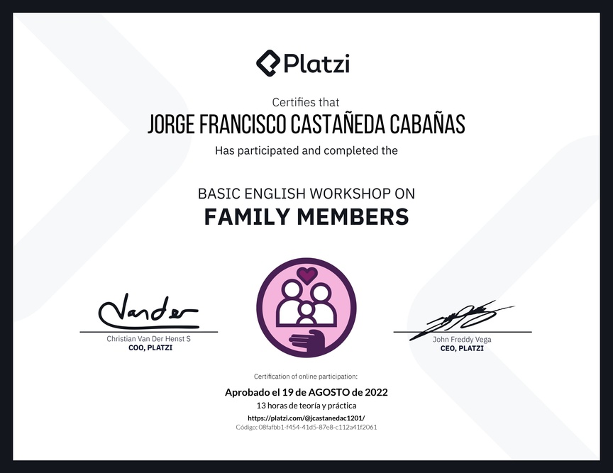 Diploma del Curso de Inglés Práctico sobre los Miembros de la Familia