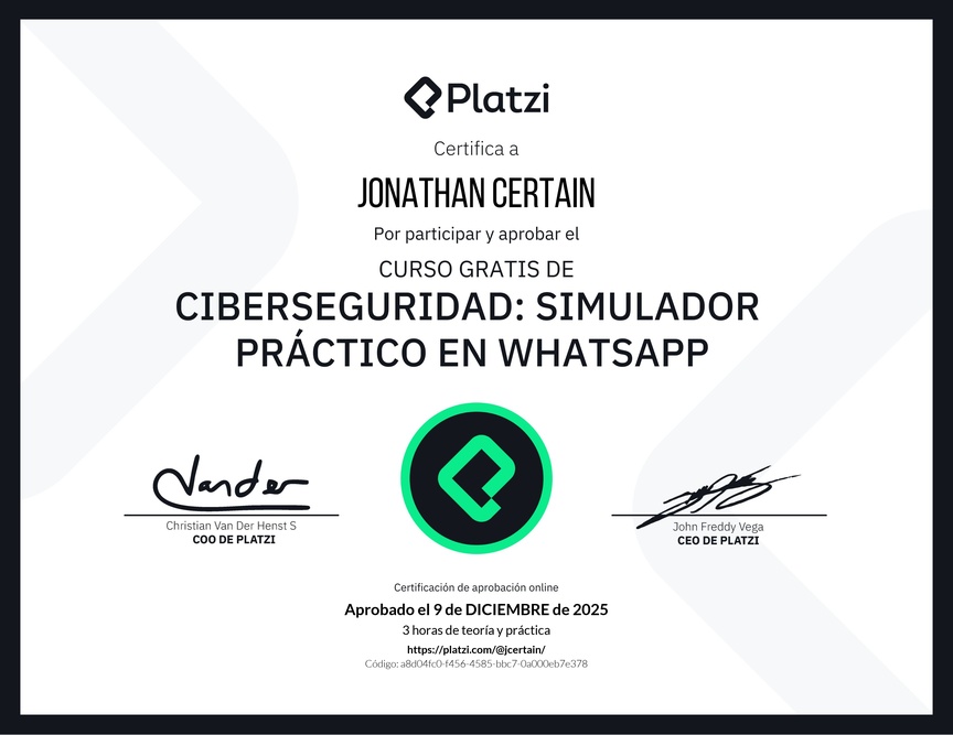 Diploma del Curso Gratis de Ciberseguridad: Simulador Práctico en WhatsApp