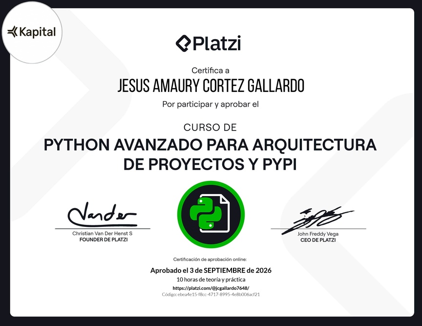 Diploma del Curso de Python Avanzado para Arquitectura de Proyectos y PyPI