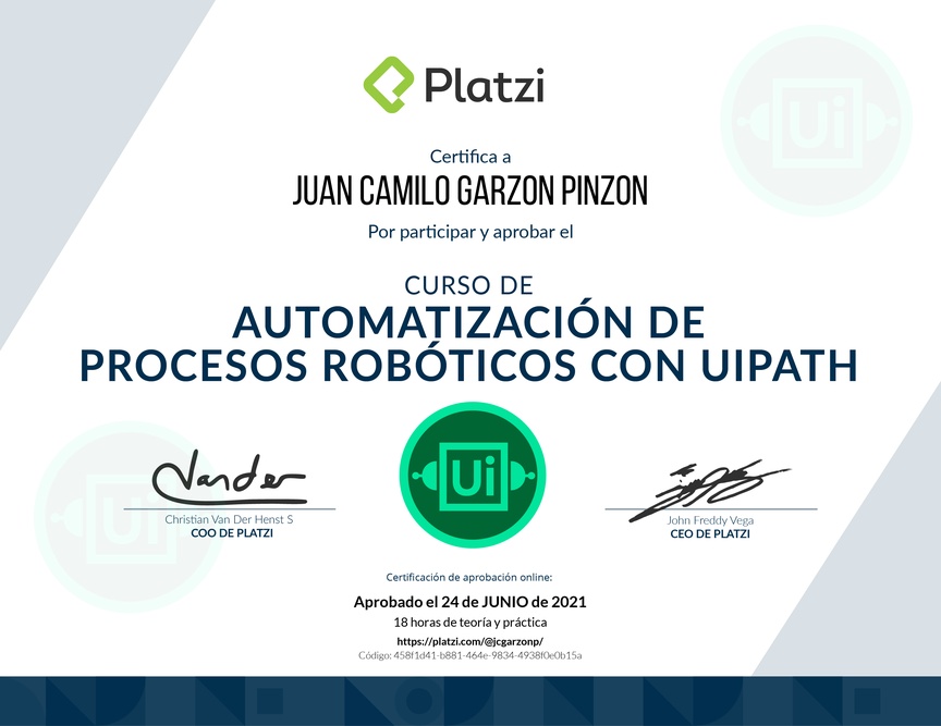 Diploma del Curso de Automatización de Procesos RPA con UiPath
