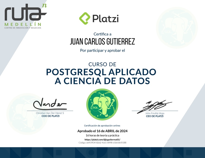 Diploma del Curso de PostgreSQL Aplicado a Ciencia de Datos