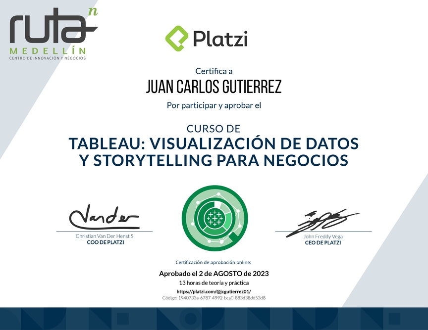 Diploma del Curso de Tableau: Visualización de Datos y Storytelling para Negocios