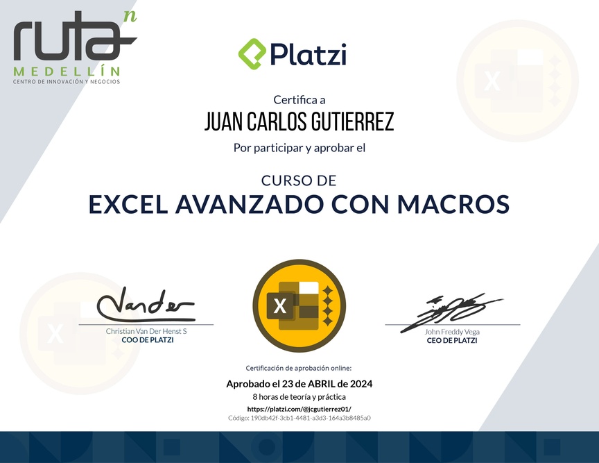 Diploma del Curso de Excel Avanzado con Macros