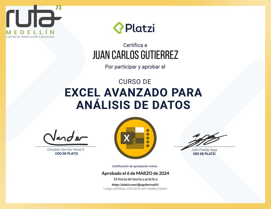 Diploma del Curso de Excel Avanzado para Análisis de Datos