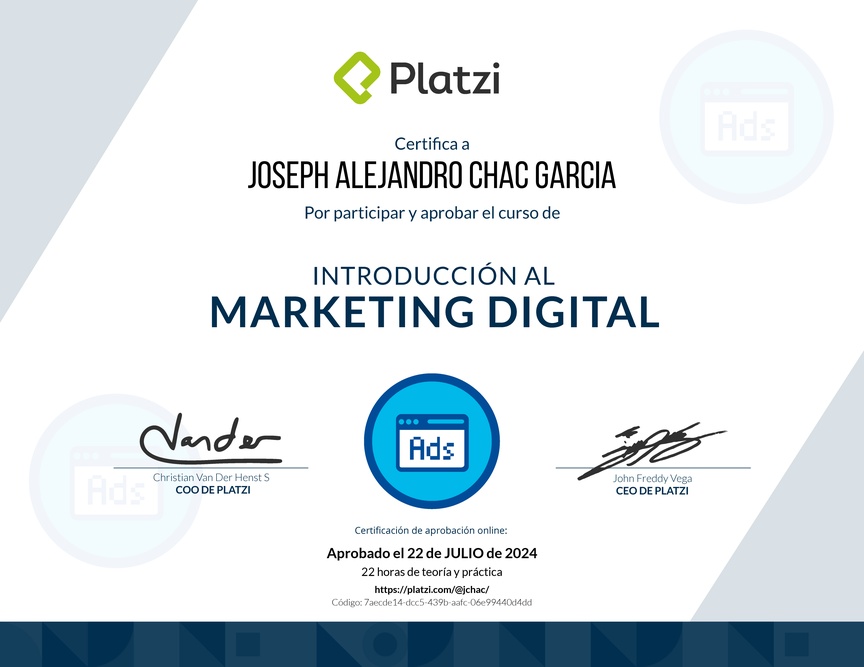 Diploma del Curso de Introducción al Marketing Digital (2022)