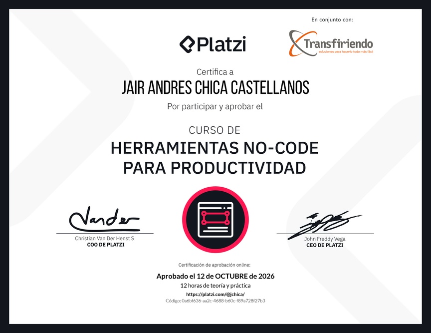 Diploma del Curso de Herramientas No-Code para la Productividad