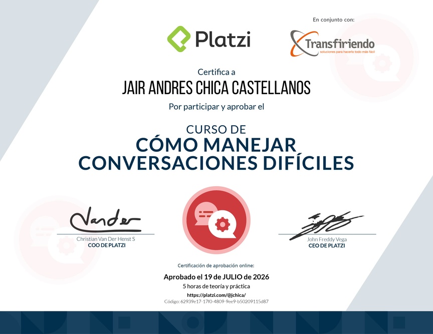 Diploma del Curso de Cómo Manejar Conversaciones Difíciles con Clientes