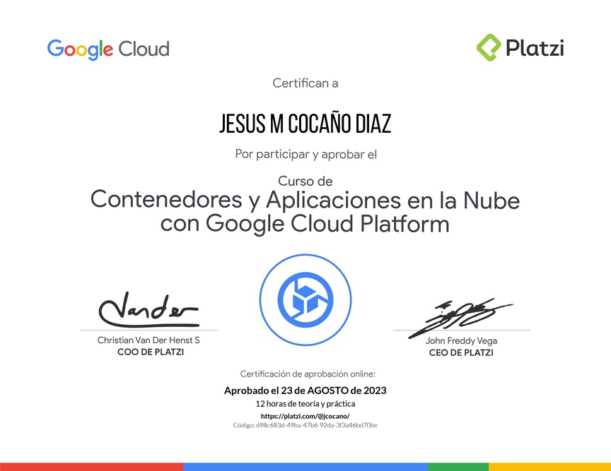 Diploma del Curso de Contenedores y Aplicaciones en la Nube con Google Cloud Platform