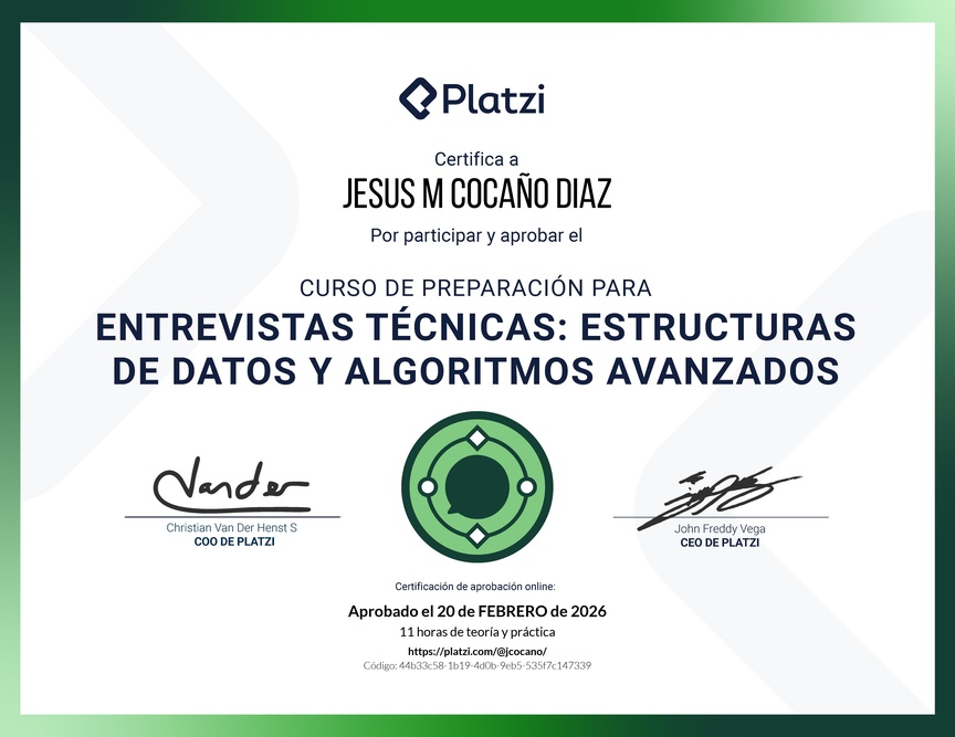 Diploma del Curso de Entrevistas Técnicas: Estructuras de Datos y Algoritmos Avanzados