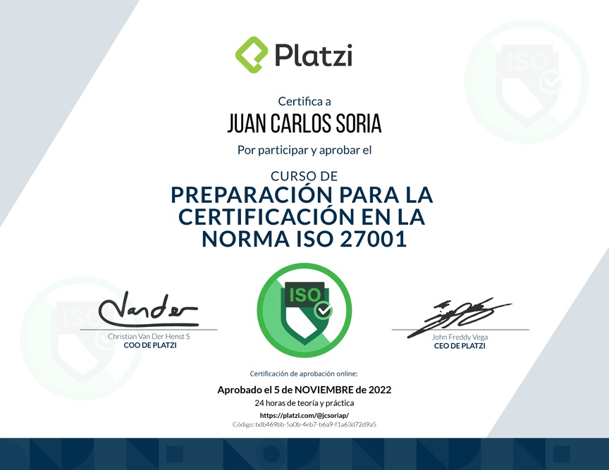 Diploma del Curso de Preparación para la Certificación en la Norma ISO 27001 (2020)
