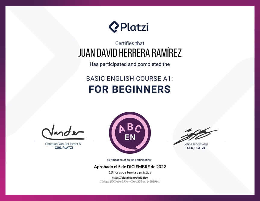 Diploma del Curso de Inglés Básico para Principiantes - (2022)