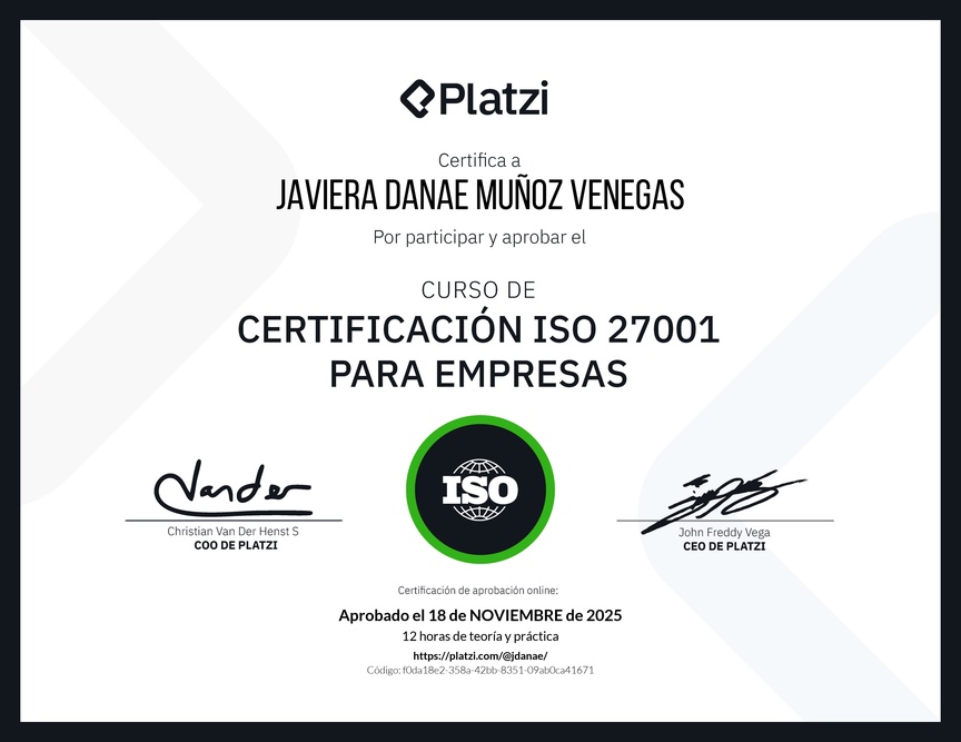 Diploma del Curso de Certificación ISO 27001 para Empresas