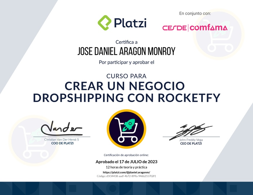 Diploma del Curso para Crear un Negocio Dropshipping con Rocketfy