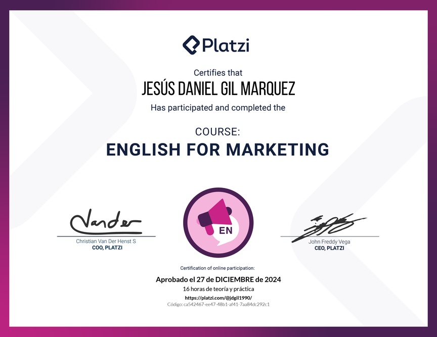 Diploma del Curso para Marketing en Inglés (2020)