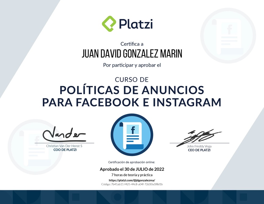 Diploma del Curso de Políticas de Anuncios en Facebook e Instagram