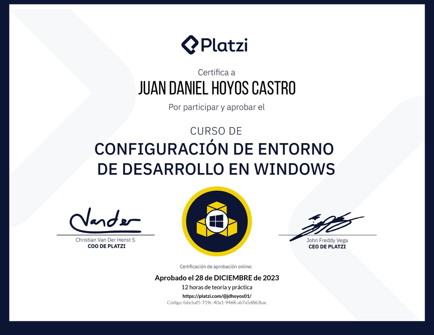 Diploma del Curso de Configuración de Entorno de Desarrollo en Windows