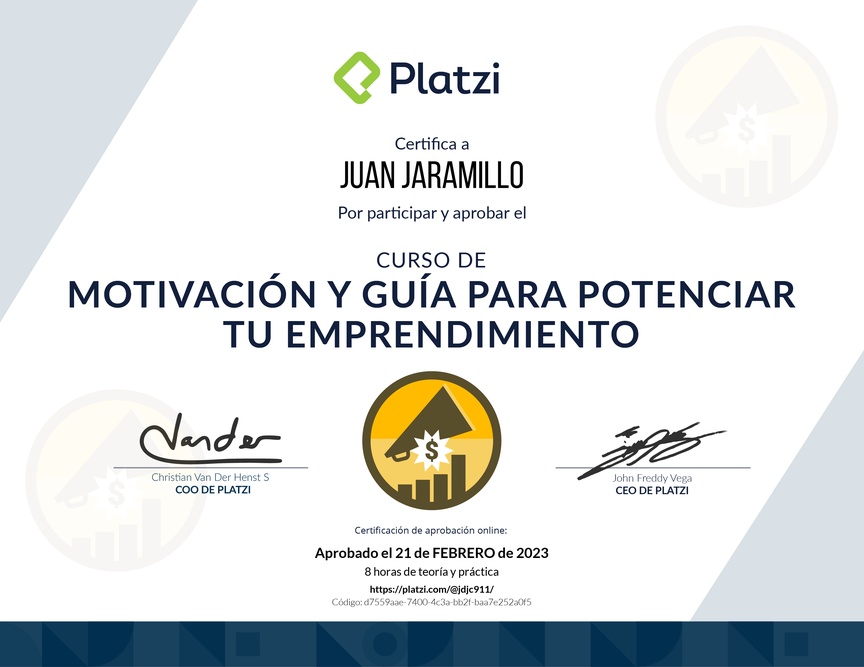Diploma del Curso de Motivación y Guía para Potenciar tu Emprendimiento