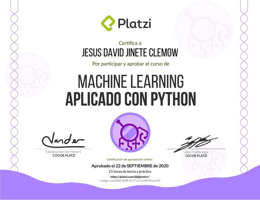 Diploma del Curso de Machine Learning Aplicado con Python