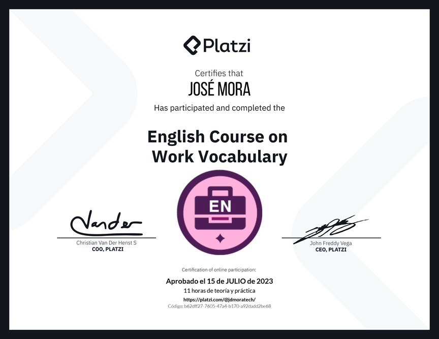Diploma del Curso de Vocabulario en Inglés para el Trabajo