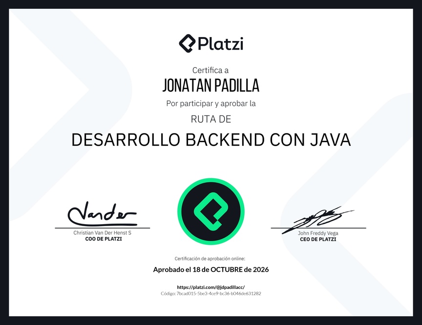 Diploma de la Ruta de Aprendizaje de Desarrollo Backend con Java