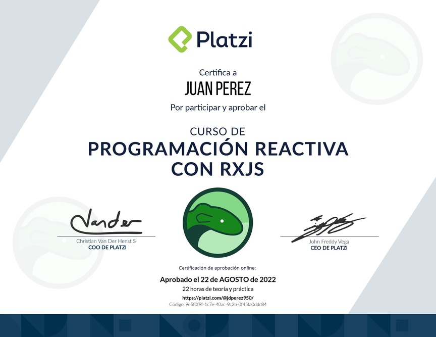 Diploma del Curso de Programación Reactiva con RxJS