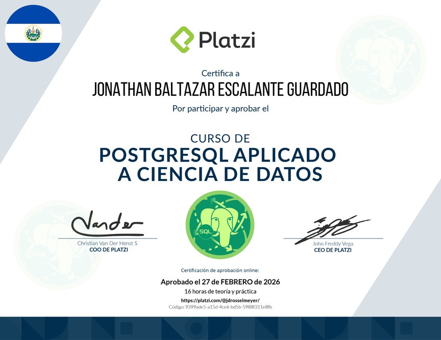 Diploma del Curso de PostgreSQL Aplicado a Ciencia de Datos