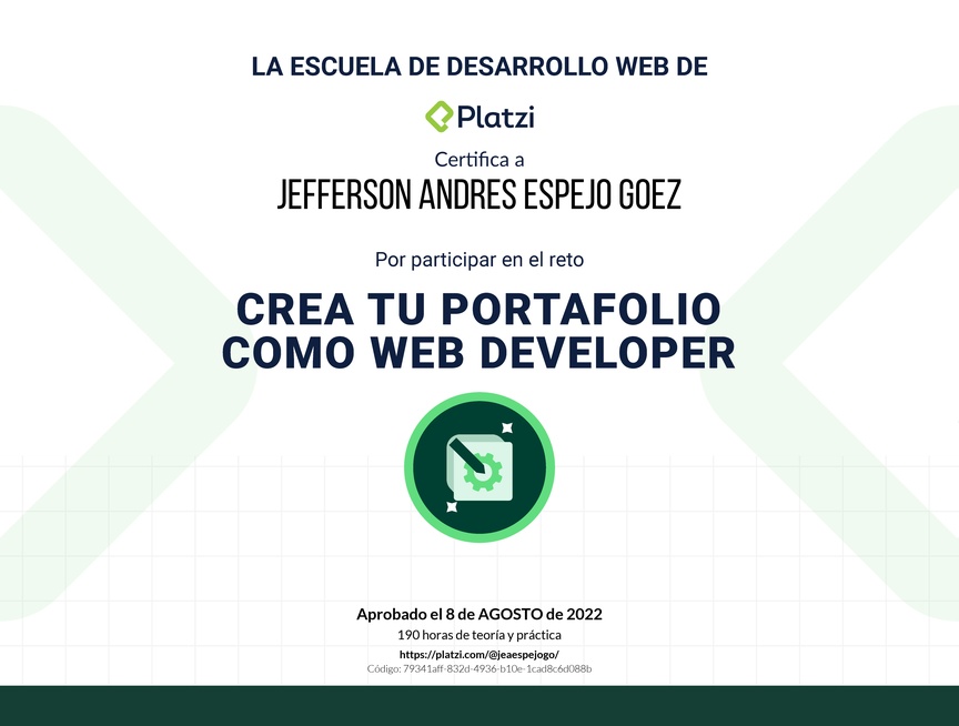 Diploma de Diploma del #PlatziChallenge: Crea tu Portafolio como Web Developer Profesional