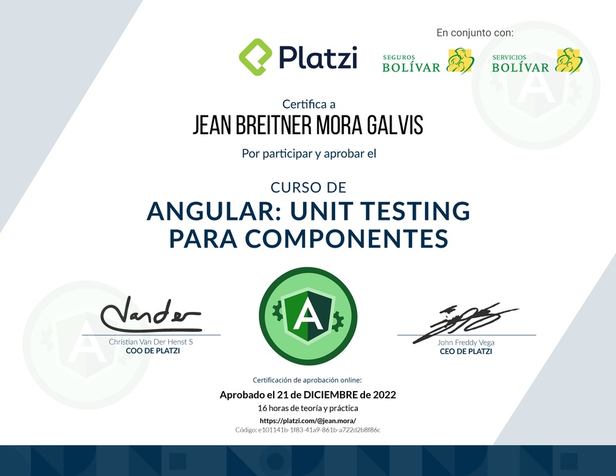 Diploma del Curso de Angular: Unit Testing para Componentes
