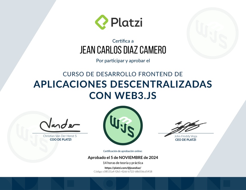 Diploma del Curso de Desarrollo Frontend de Aplicaciones Descentralizadas con Web3.Js