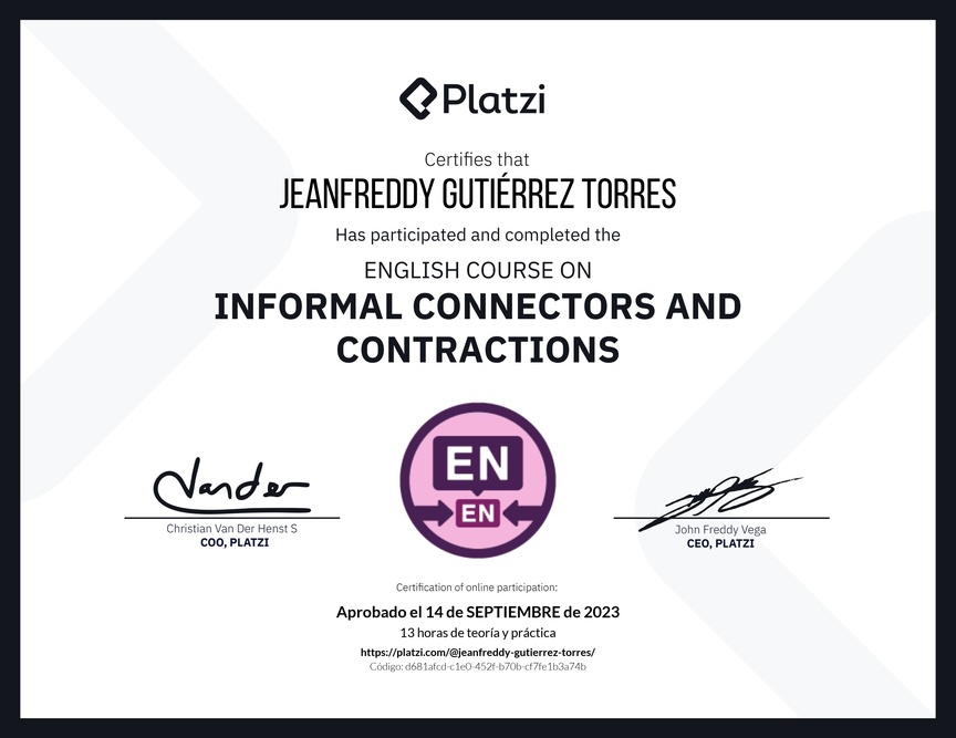 Diploma del Curso de Conectores y Contracciones Informales en Inglés