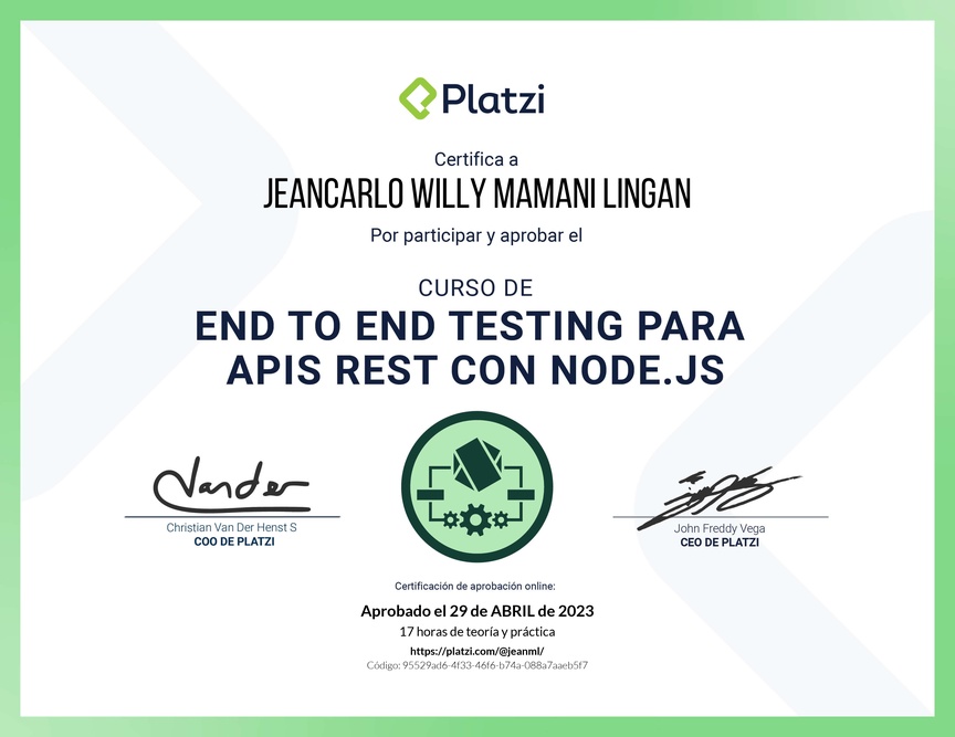 Diploma del Curso de End to End Testing para APIs REST con Node.js