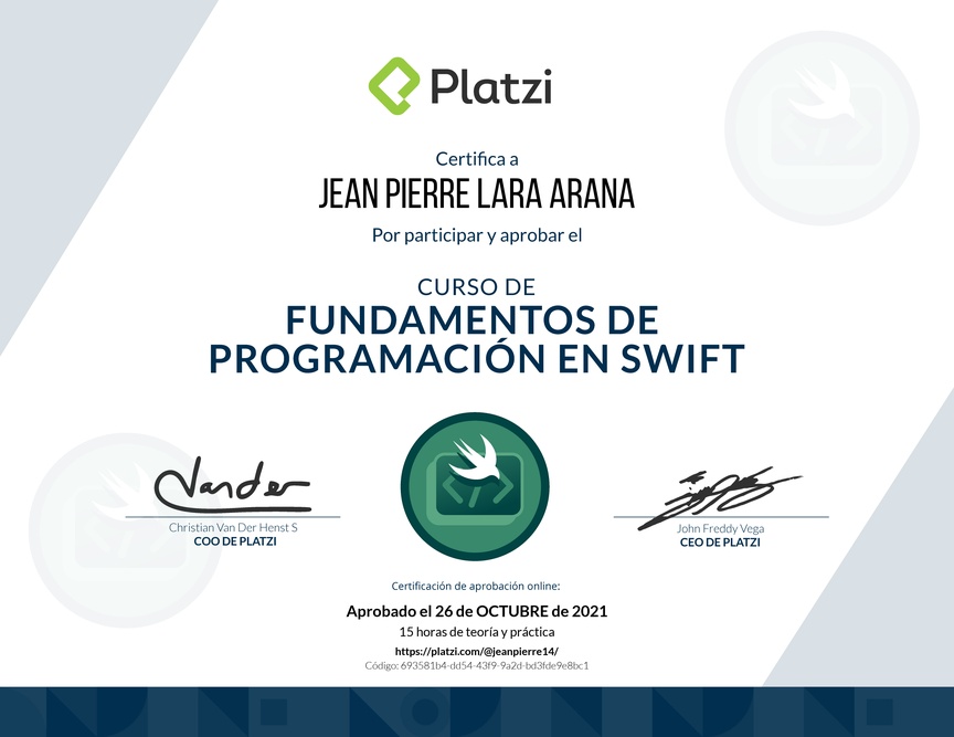 Diploma del Curso de Introducción a Swift (2019)