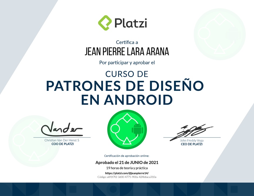 Diploma del Curso de Patrones de Diseño en Android