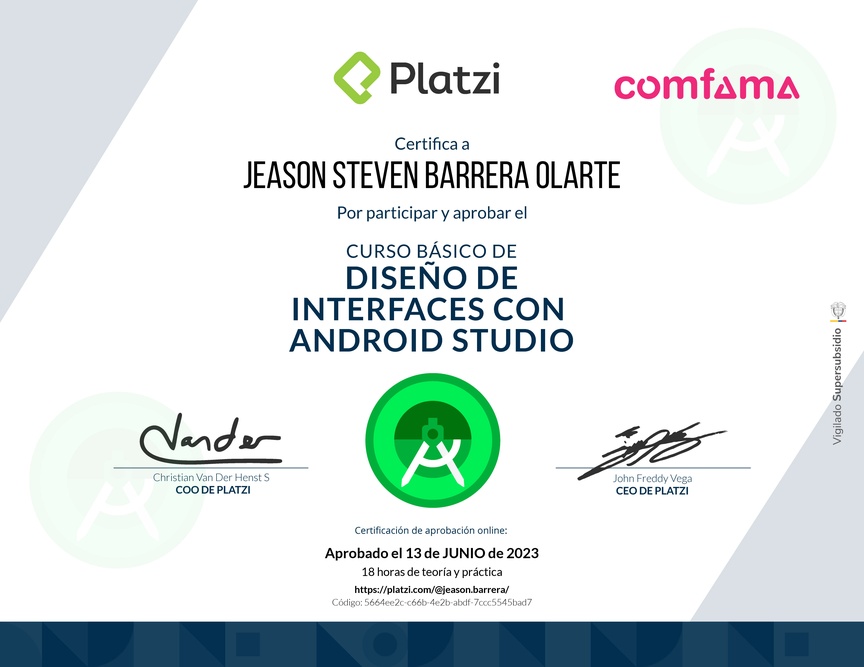 Diploma del Curso Básico de Diseño de Interfaces con Android Studio