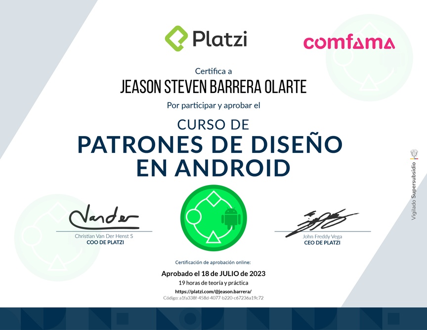 Diploma del Curso de Patrones de Diseño en Android