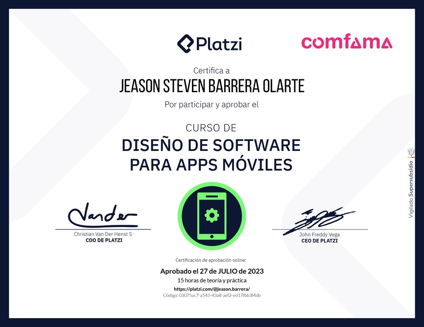 Diploma del Curso de  Diseño de Software para Apps Móviles