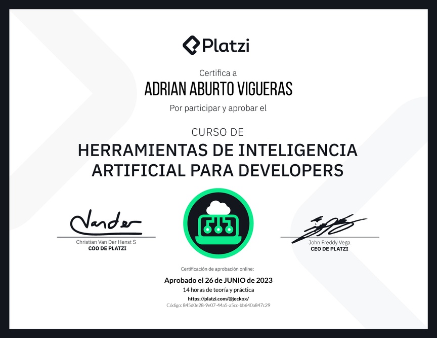 Diploma del Curso de Herramientas de Inteligencia Artificial para Developers (2023)
