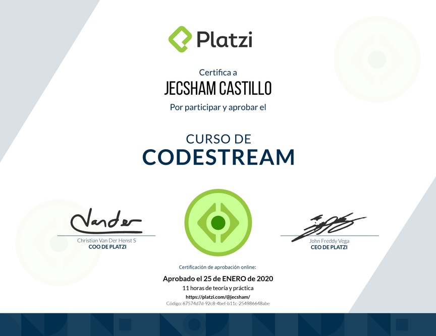 Diploma del Curso de CodeStream 2018