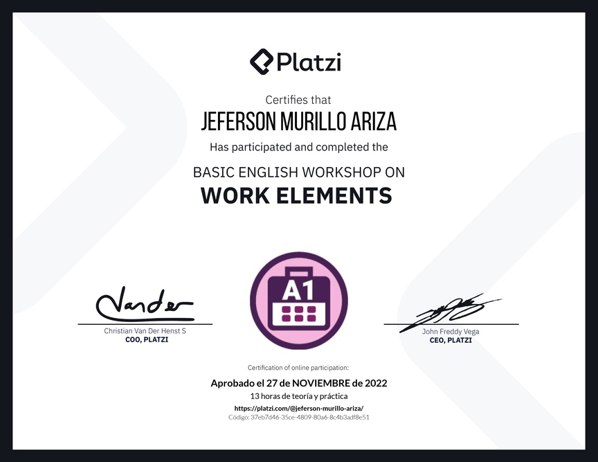 Diploma del Curso de Inglés Práctico sobre Elementos de Trabajo