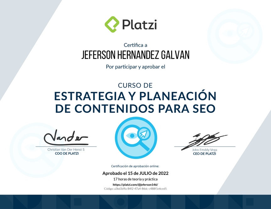 Diploma del Curso de Estrategia y Planeación de Contenidos para SEO (2020)