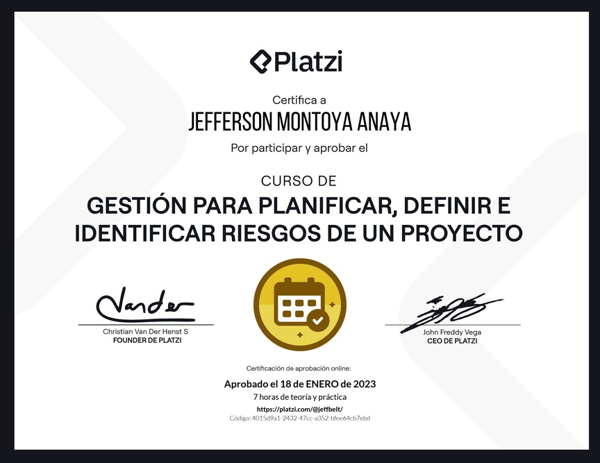 Diploma del Curso de Gestión para Planificar, Definir e Identificar Riesgos de un Proyecto