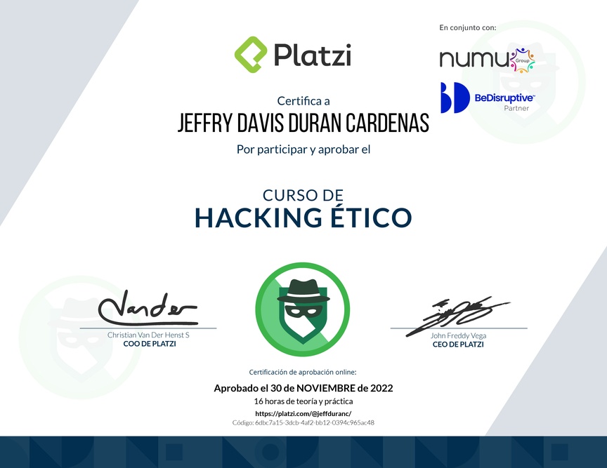 Diploma del Curso de Hacking Ético