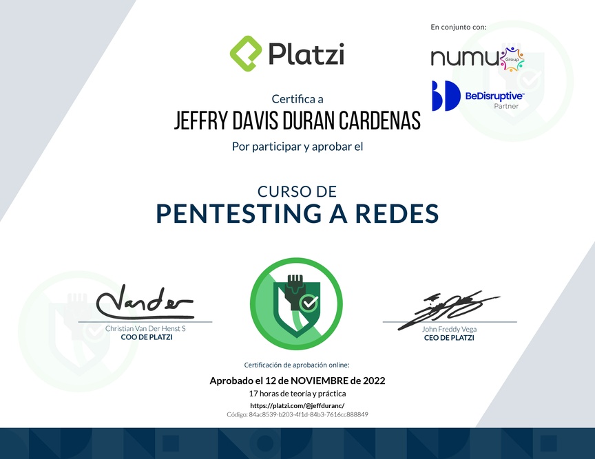 Diploma del Curso de Pentesting a Redes