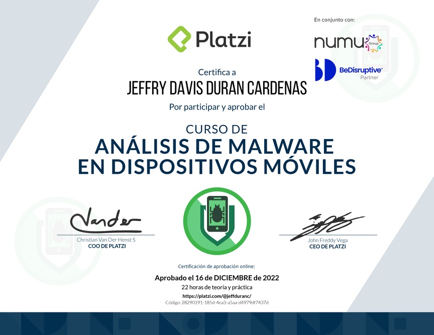 Diploma del Curso de Análisis de Malware para Dispositivos Móviles