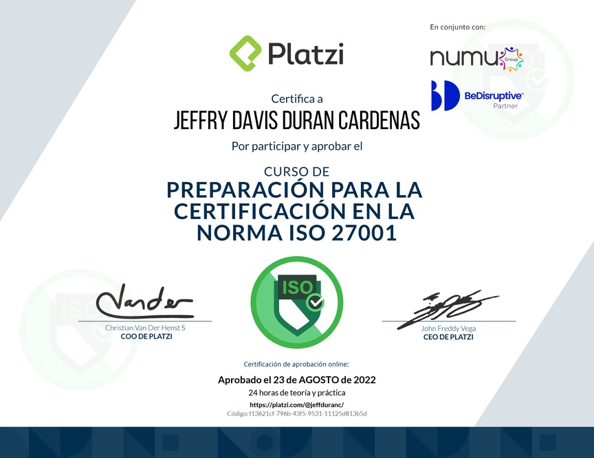 Diploma del Curso de Preparación para la Certificación en la Norma ISO 27001 (2020)