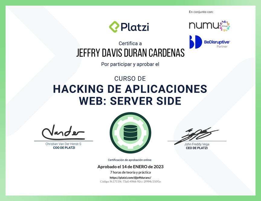 Diploma del Curso de Hacking: Aplicaciones Web Server Side