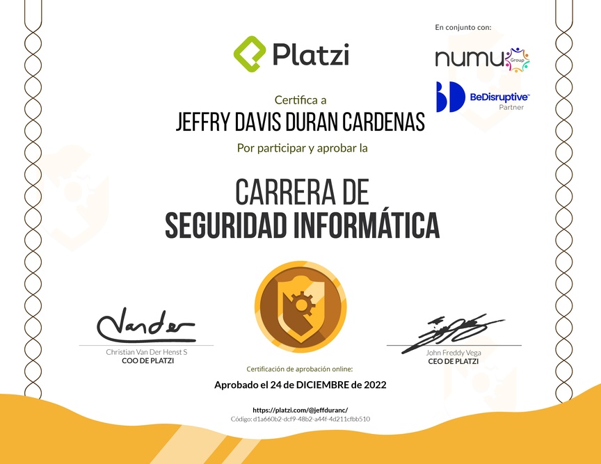 Diploma de la Ruta de Aprendizaje de Seguridad Informática