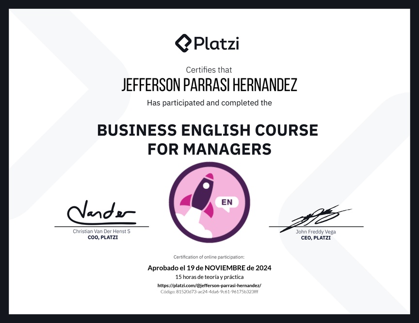Diploma del Curso de Inglés de Negocios para Managers