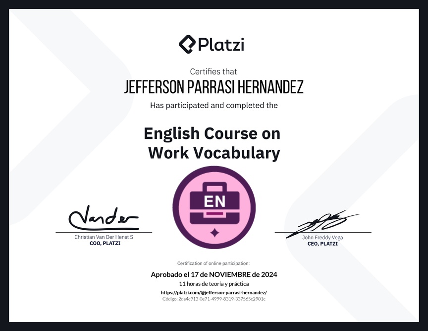 Diploma del Curso de Vocabulario en Inglés para el Trabajo