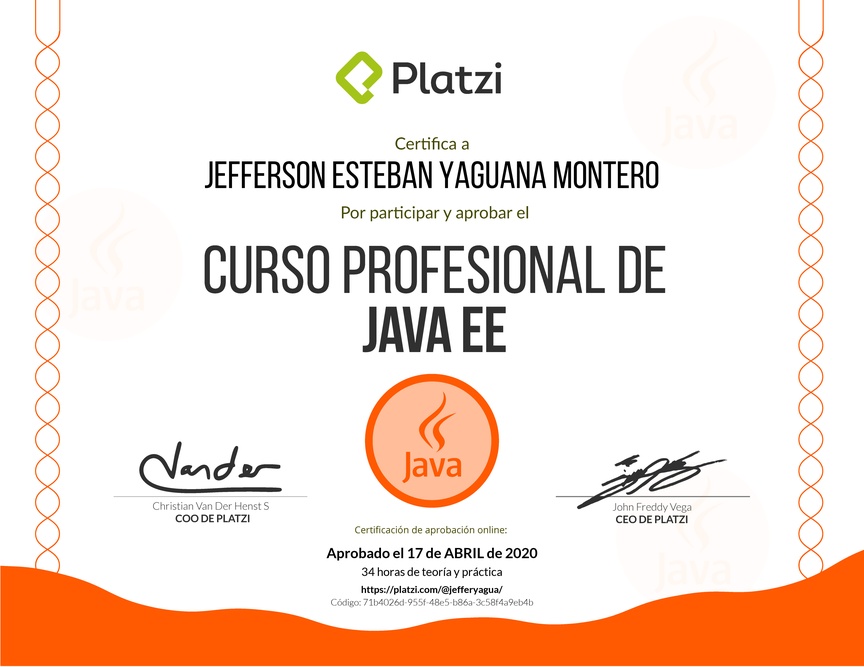 Diploma del Curso Profesional de Java EE 2017